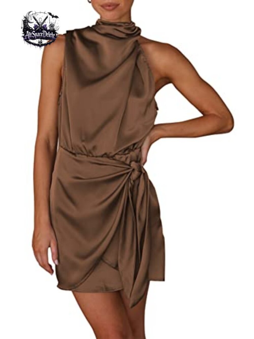 Satin Mock Neck Sleeveless Mini Cocktail Dress Tie Waist Formal Party